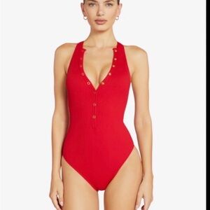 Robin Piccone Red Ribbed Snap-Front One-Piece Swimsuit - NWT Sz 6